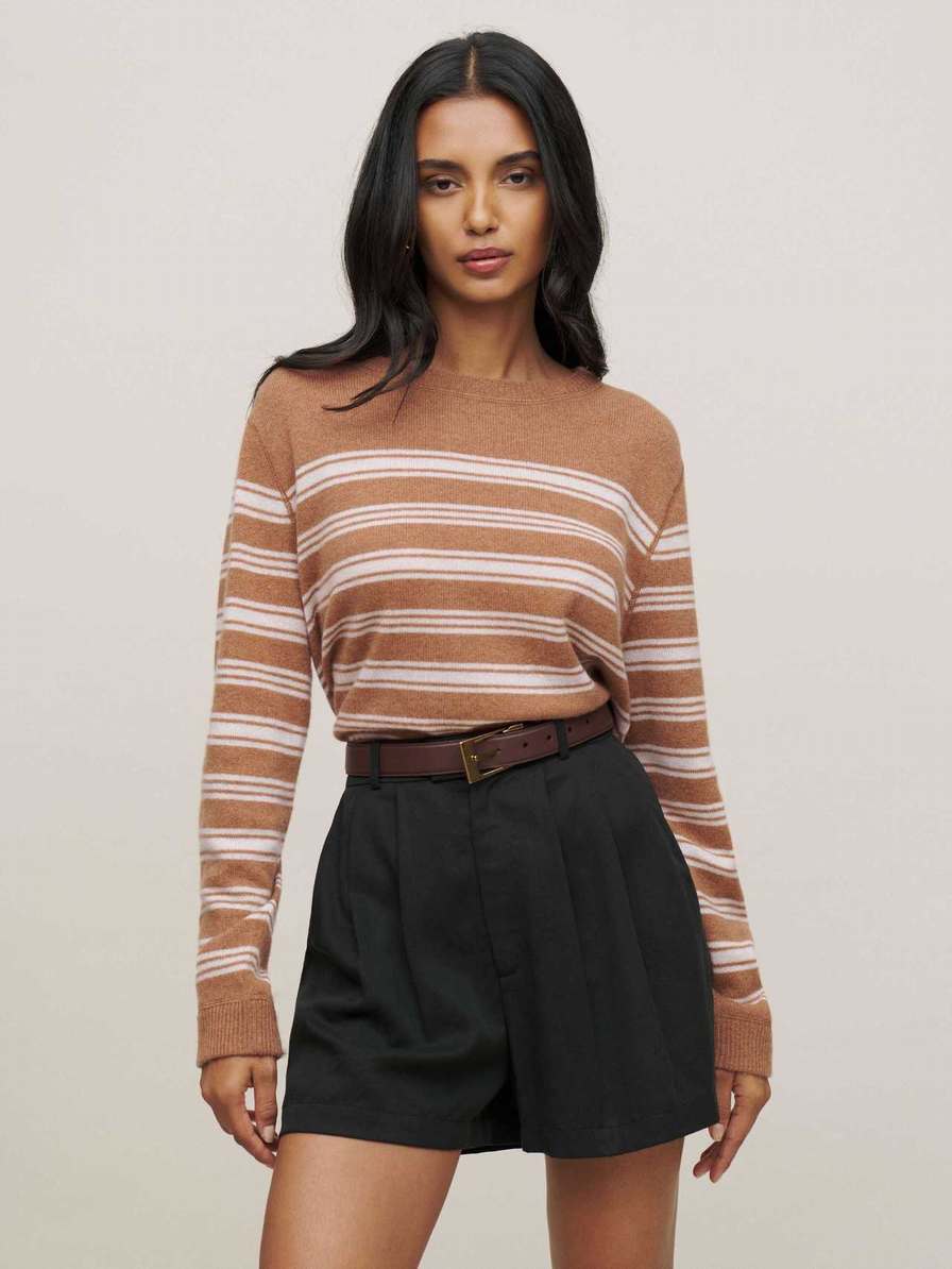 Women's Reformation Cashmere Boyfriend Sweater Brown Stripes | USA-4850371