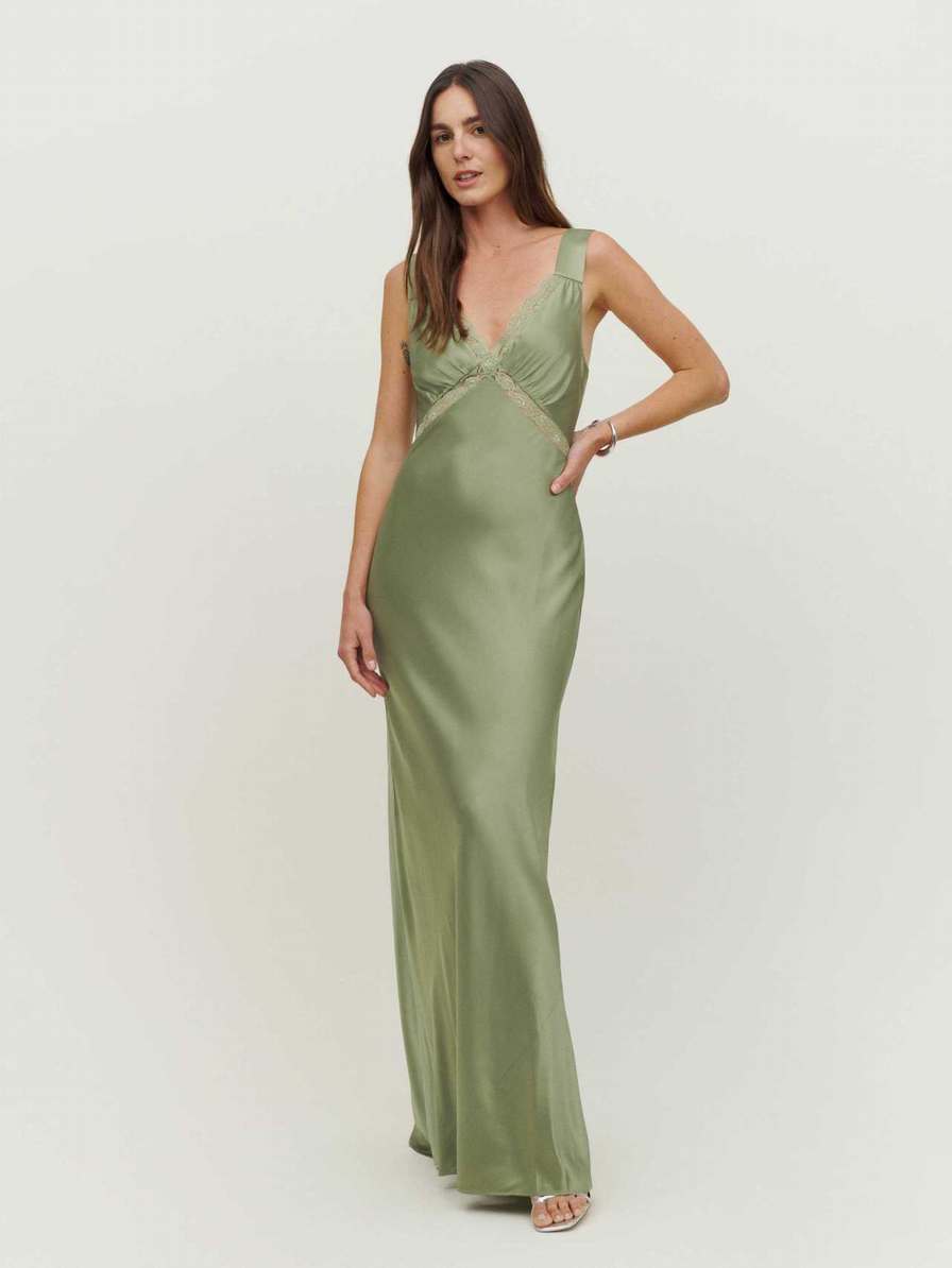 Women's Reformation Chania Silk Dress Dark Green | USA-013724