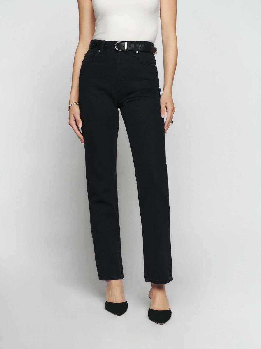 Women's Reformation Cynthia High Rise Straight Jeans Black | USA-087216