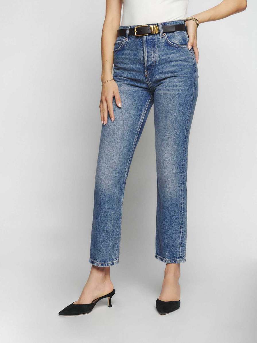 Women's Reformation Cynthia High Rise Straight Cropped Jeans Blue | USA-564732