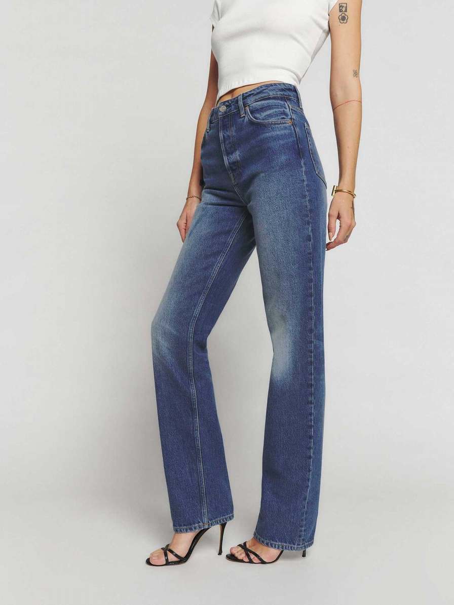 Women's Reformation Cynthia High Rise Straight Long Jeans Blue | USA-856013