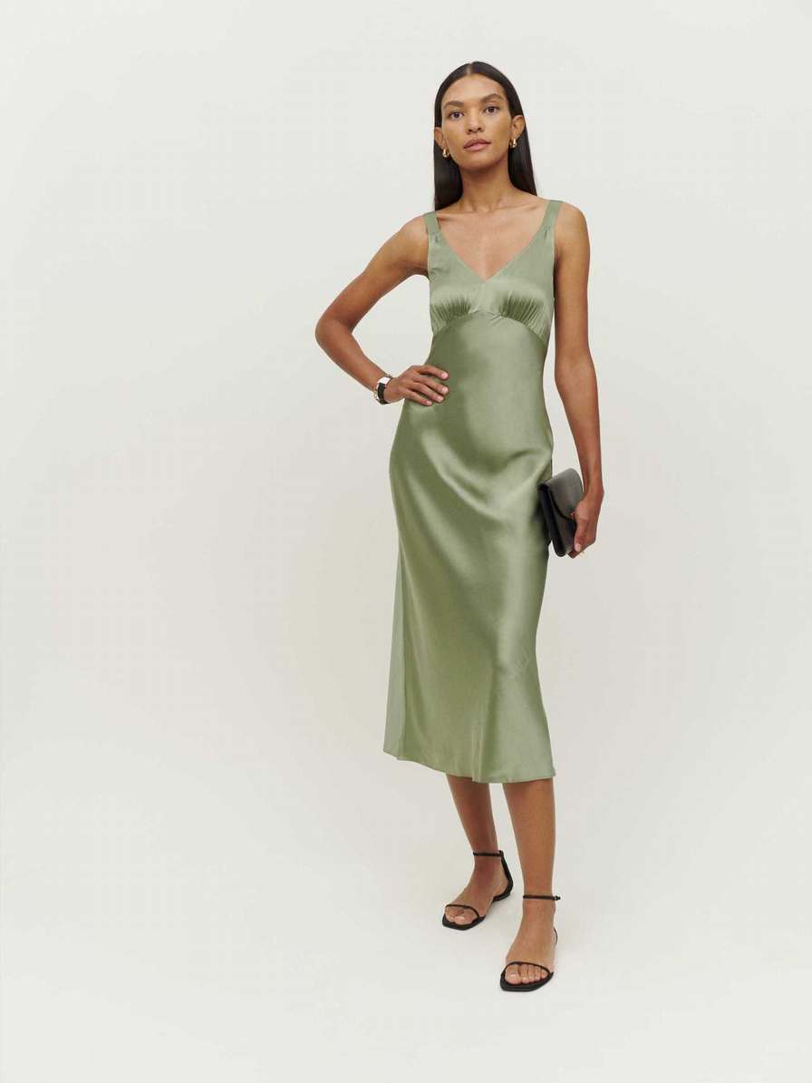 Women's Reformation Daytona Silk Dress Dark Green | USA-162043