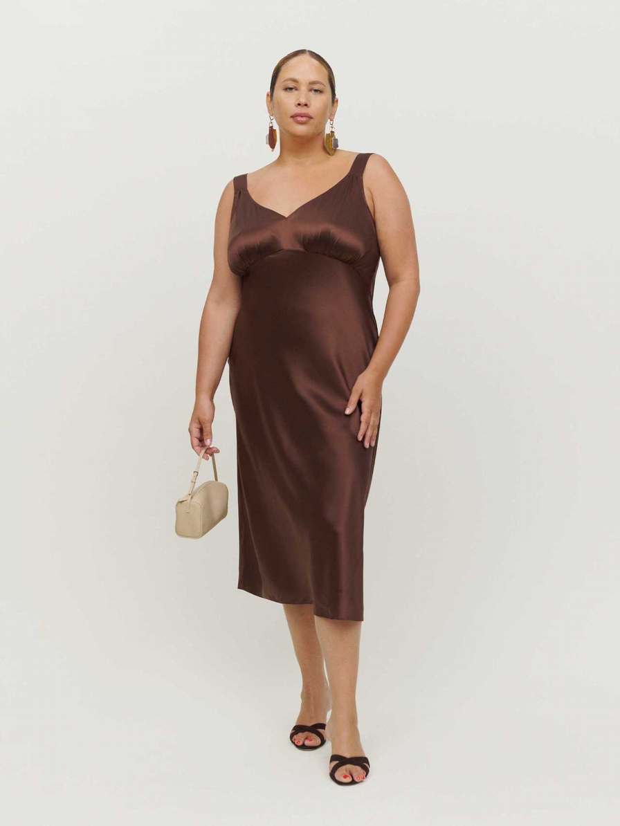 Women's Reformation Daytona Silk Es Dress Coffee | USA-0784516