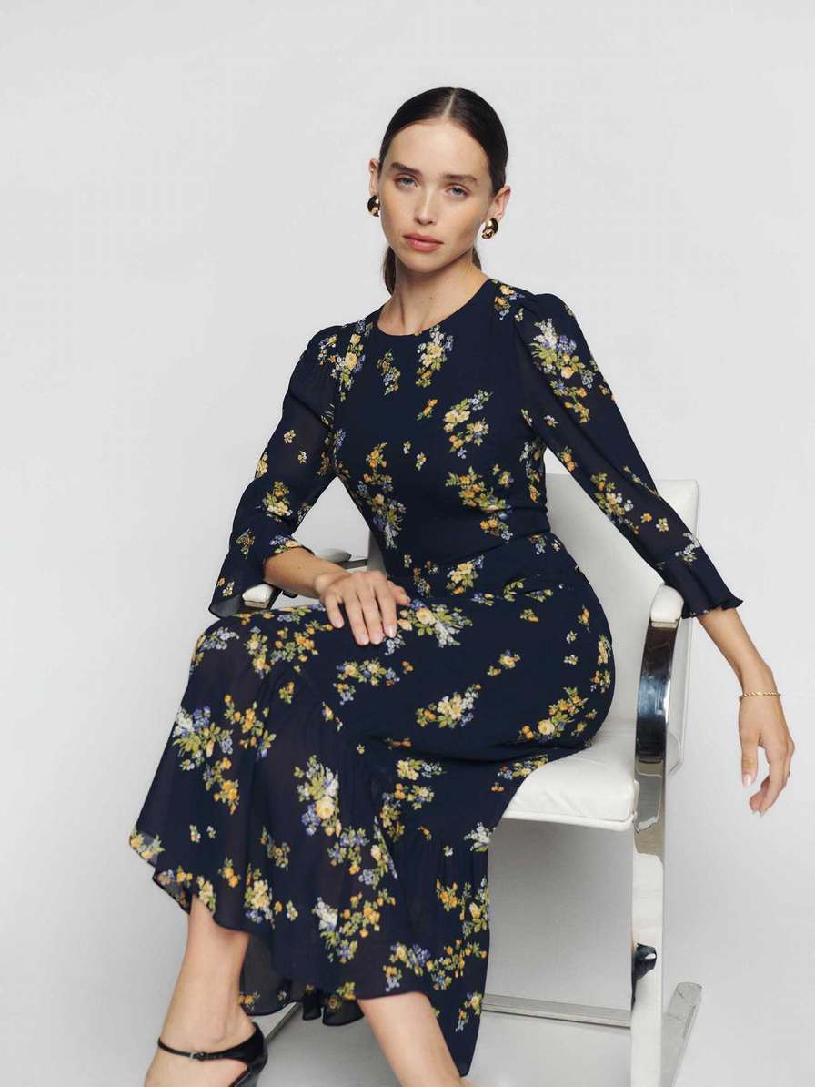 Women's Reformation Delvina Dress Navy | USA-7845261