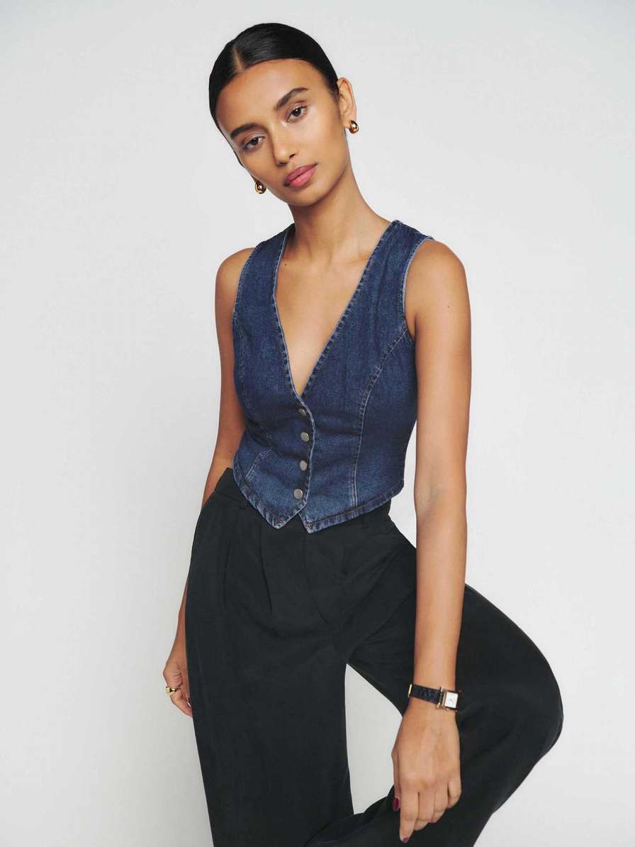 Women's Reformation Devin Denim Vest Dark Blue | USA-765081