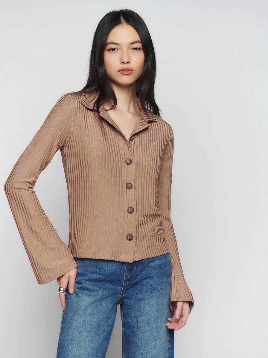 Women's Reformation Esmeray Knit Tops Brown | USA-810254