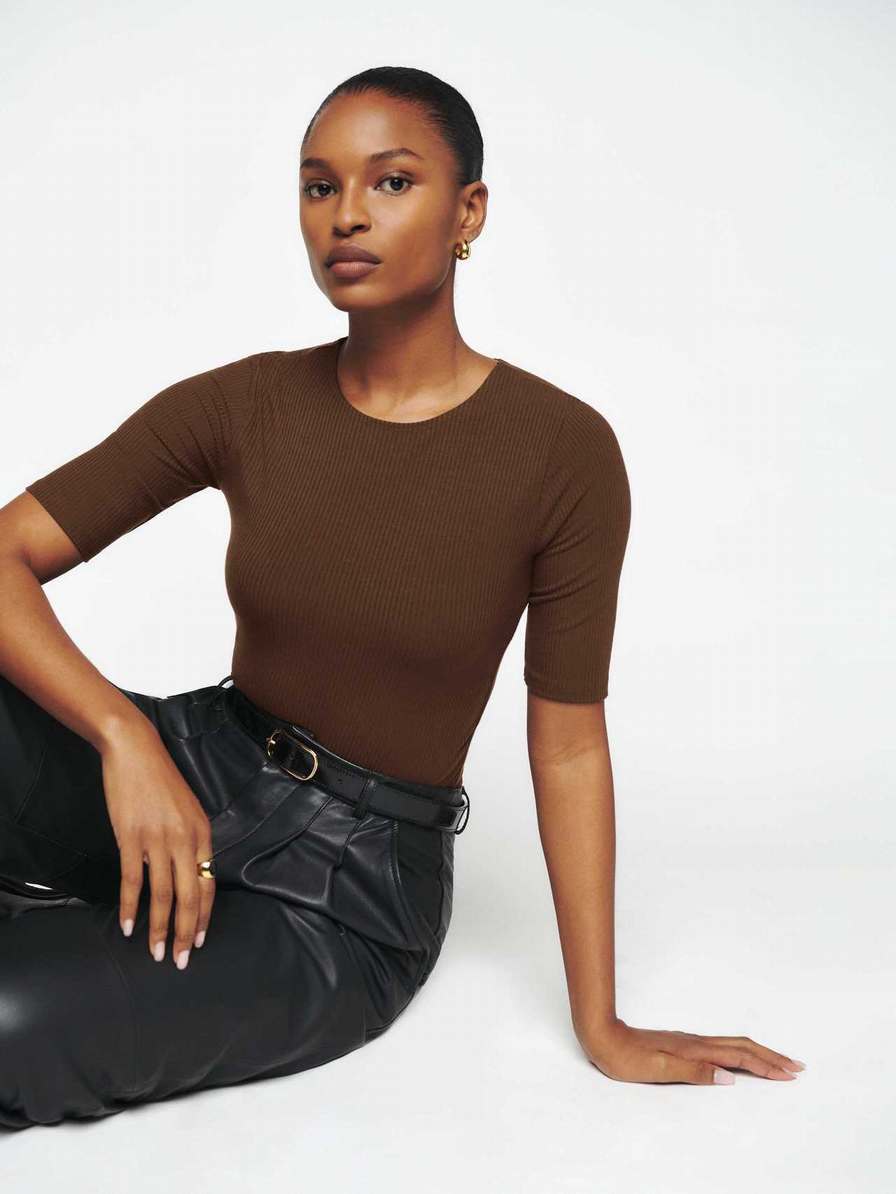 Women's Reformation Everet Knit Tops Coffee | USA-714305