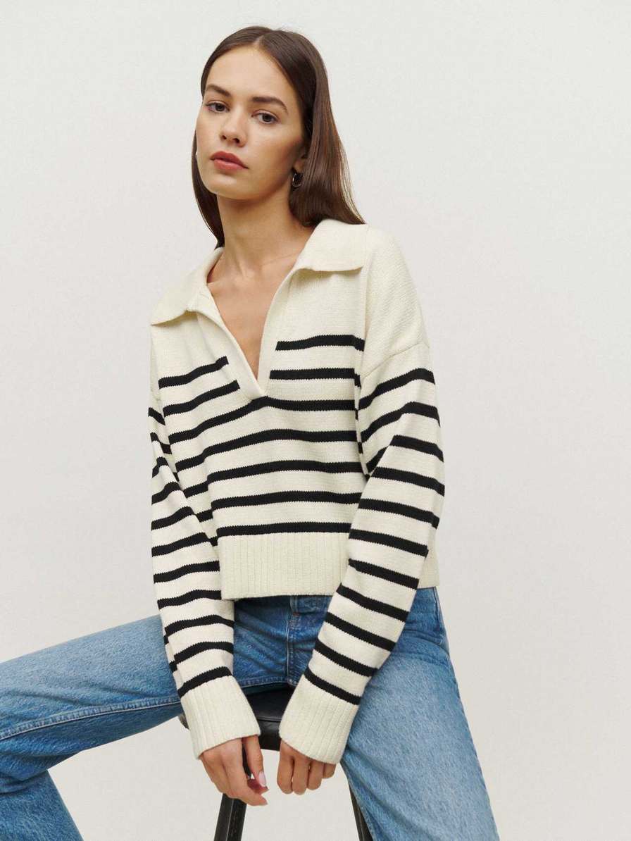 Women's Reformation Francesco Cotton Sweater Black Stripes | USA-316247