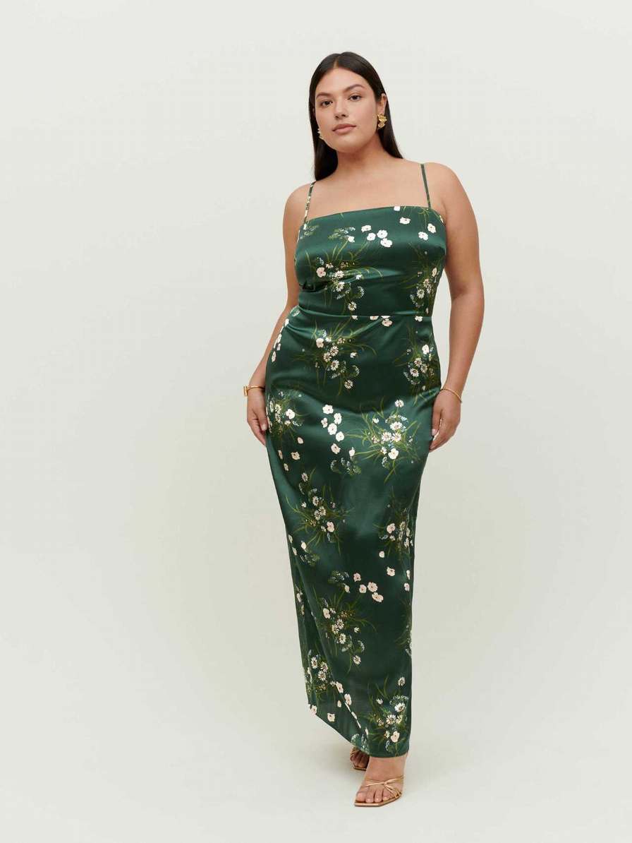 Women's Reformation Frankie Silk Es Dress Dark Green | USA-803426