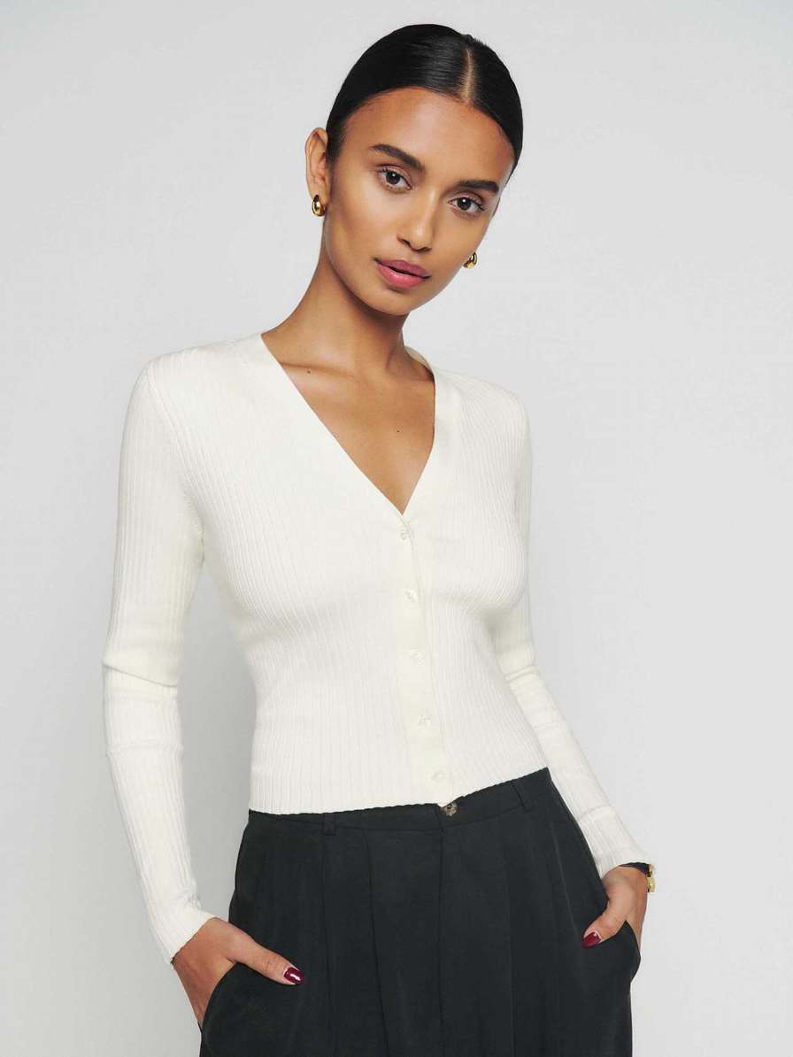 Women's Reformation Gilda Ribbed V-Neck Cardigan White | USA-1854620