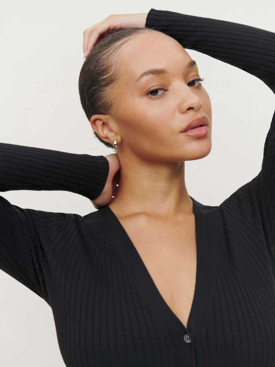 Women's Reformation Gilda Ribbed V-Neck Cardigan Black | USA-7423586