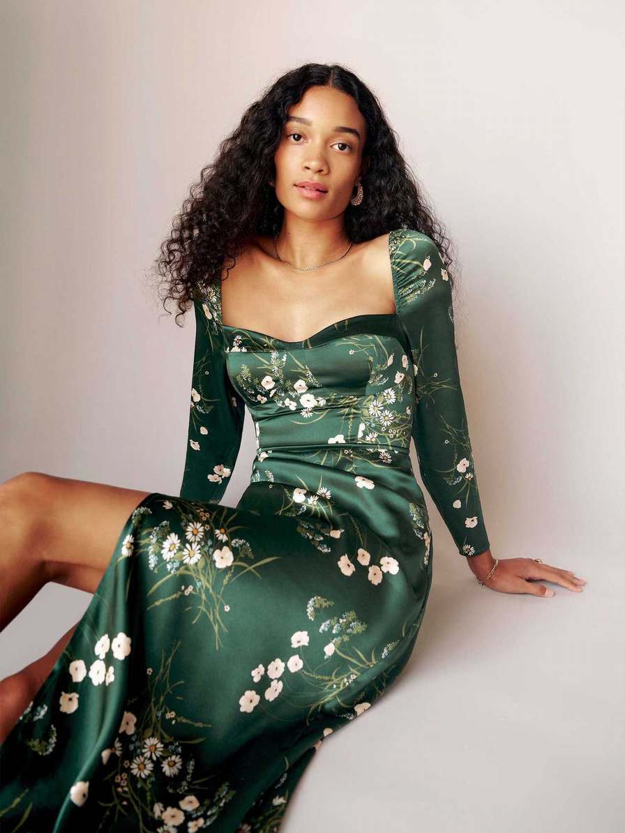 Women's Reformation Gloriana Silk Dress Dark Green | USA-2361504