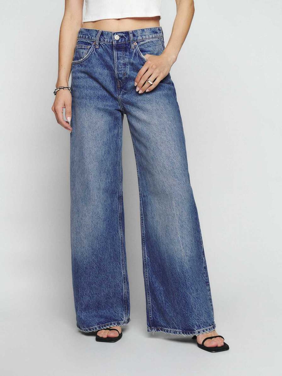 Women's Reformation Iggy Super Wide Leg Slouch Jeans Dark Blue | USA-2037854