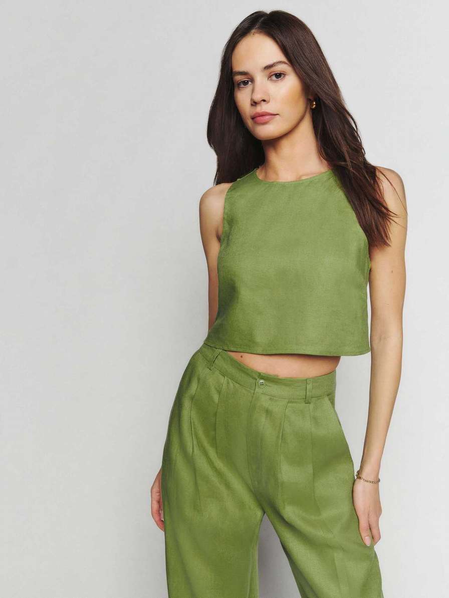 Women's Reformation Jacinta Linen Tops Green | USA-547328