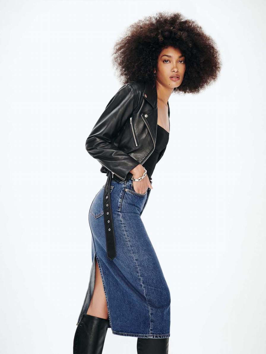 Women's Reformation Jayde High Rise Denim Midi Skirts Blue | USA-415628