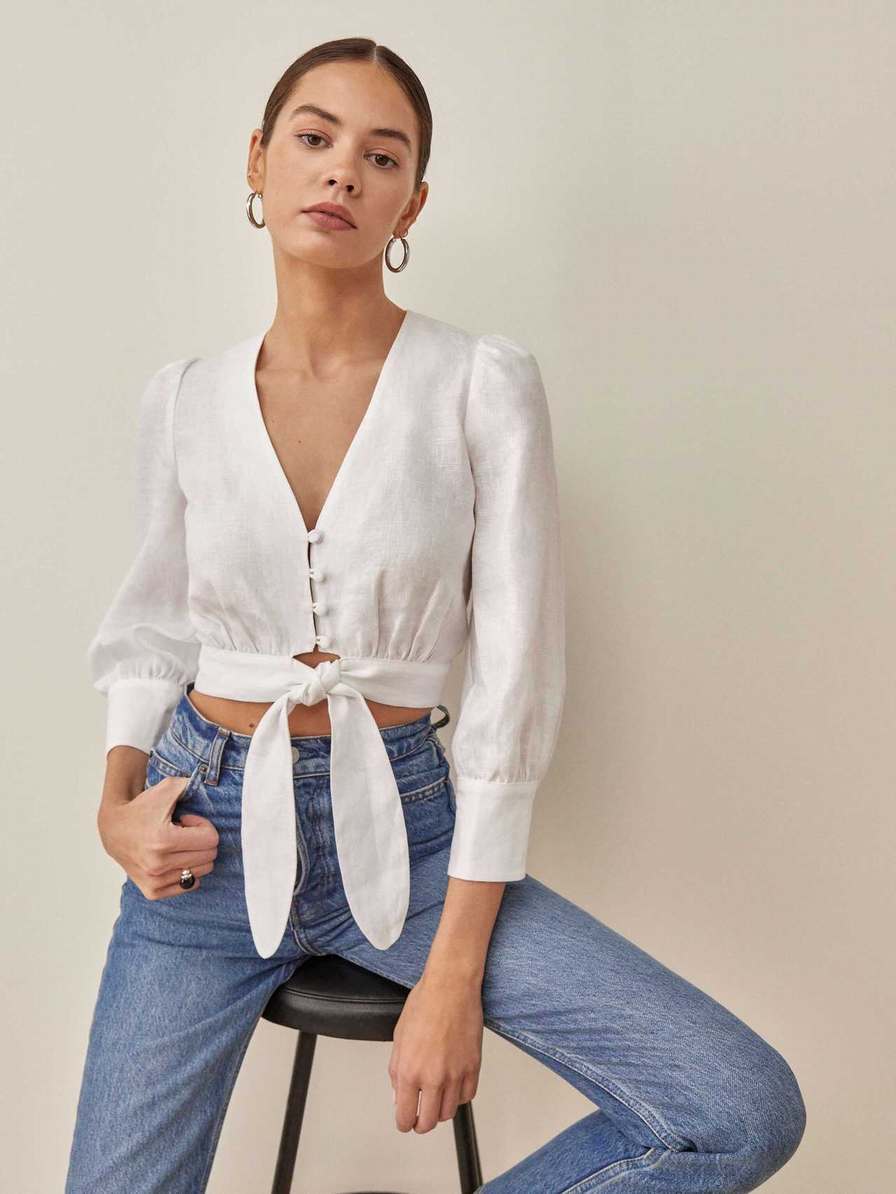 Women's Reformation Liam Linen Tops White | USA-3276081