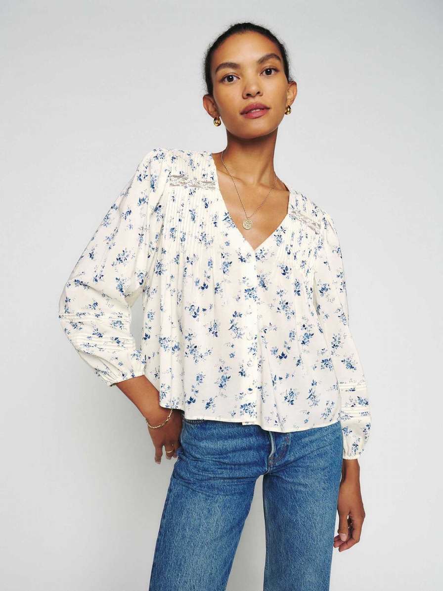 Women's Reformation Livvy Tops Light Blue | USA-108437