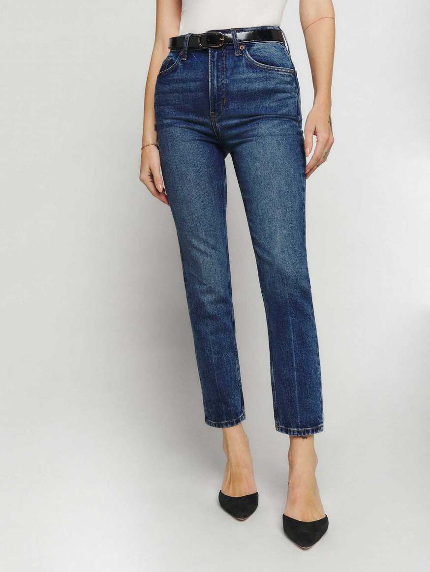 Women's Reformation Liza Ultra High Rise Straight Cropped Jeans Blue | USA-1543802