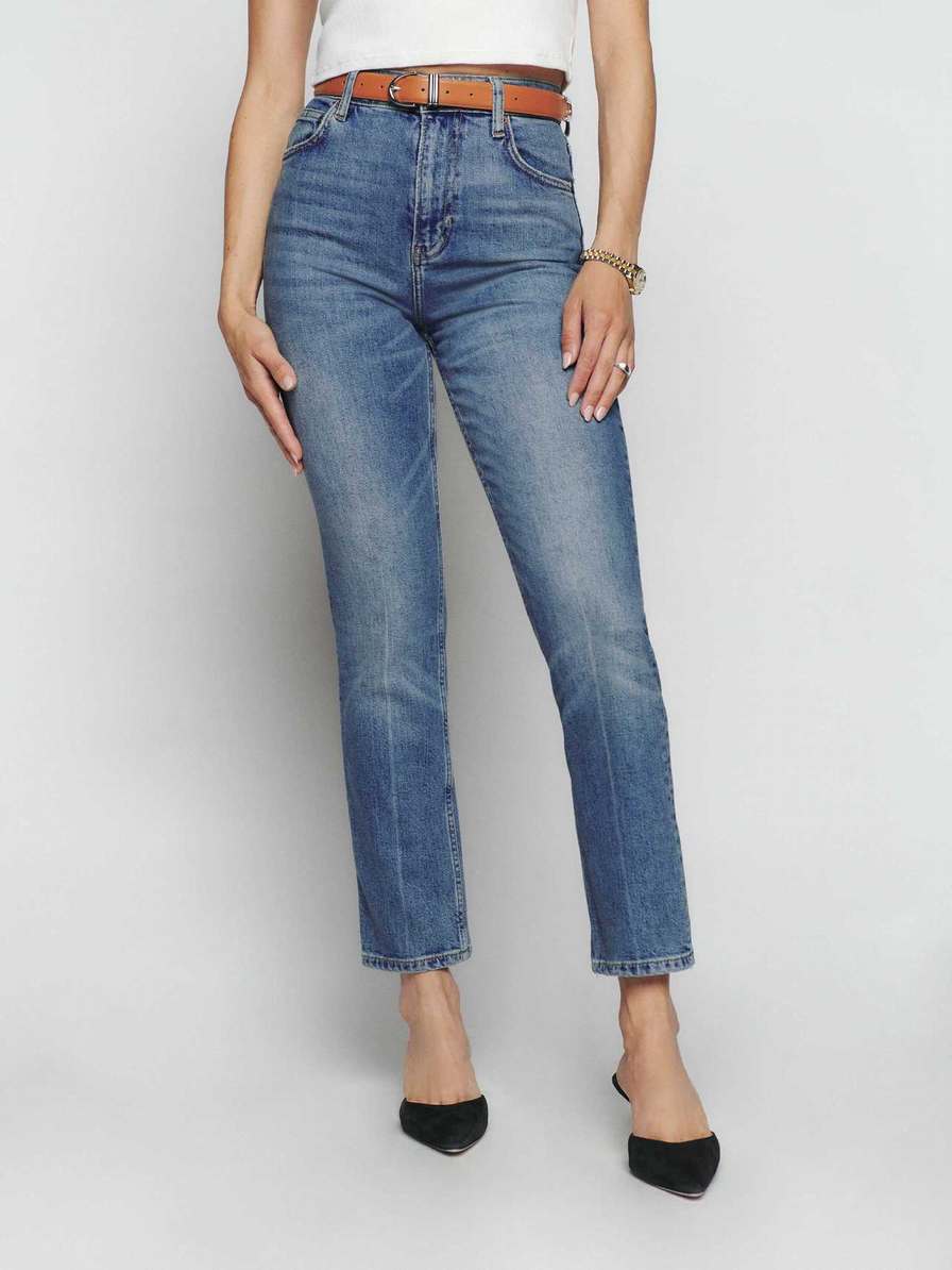 Women's Reformation Liza Ultra High Rise Straight Cropped Jeans Blue | USA-427608