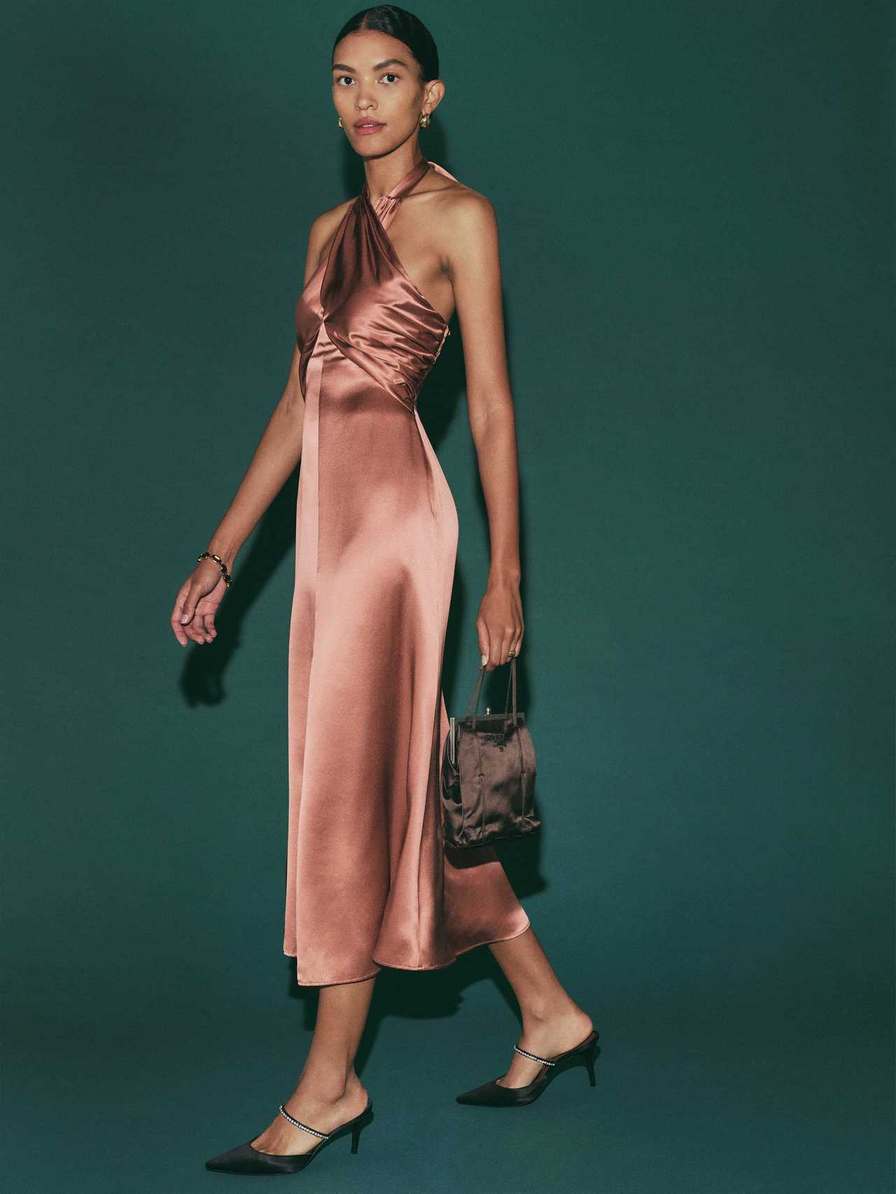 Women's Reformation Maddison Silk Dress Rose Gold | USA-3127450