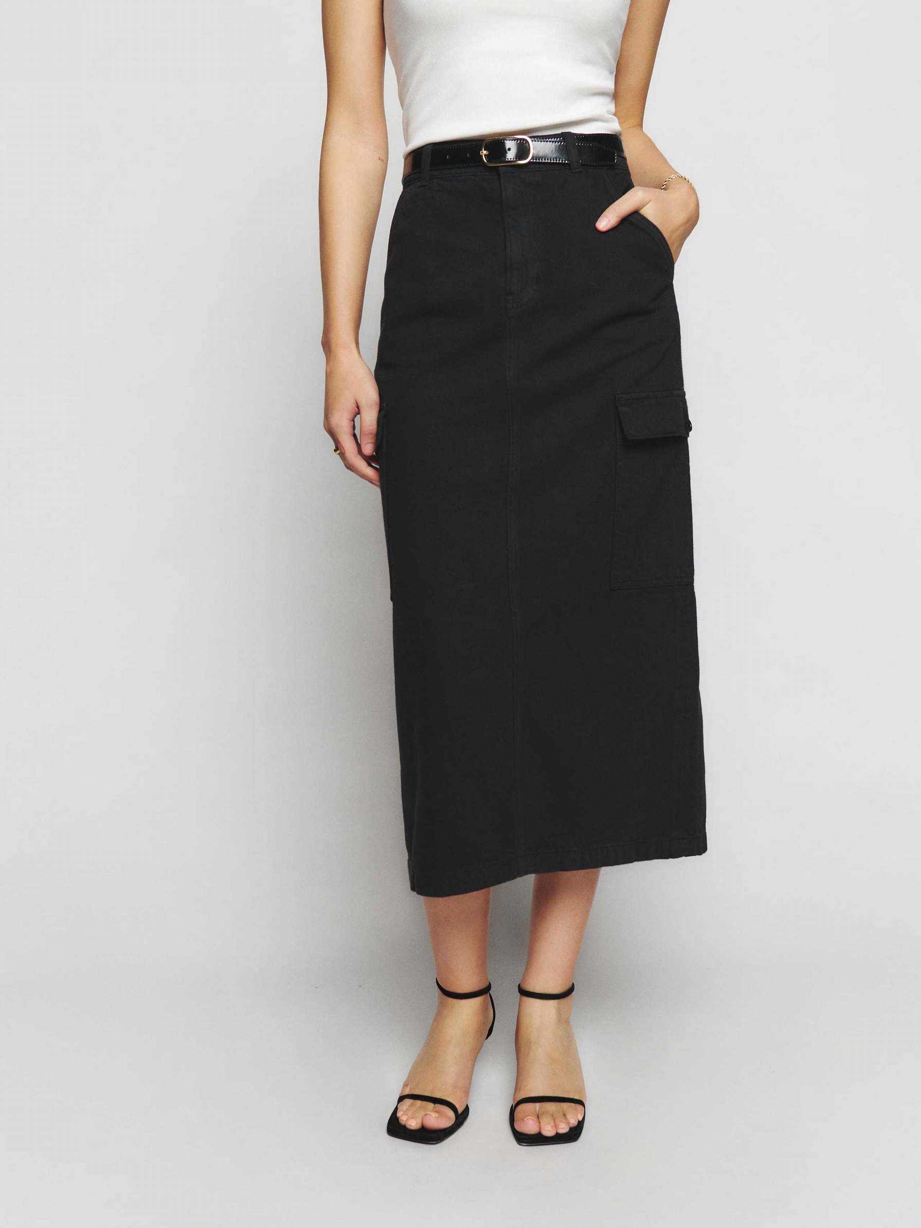 Women's Reformation Maggi Cargo Midi Skirts Black | USA-817350