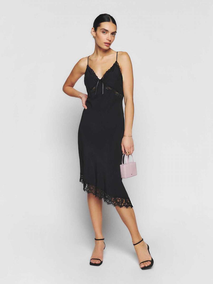 Women's Reformation Milania Silk Dress Black | USA-574802