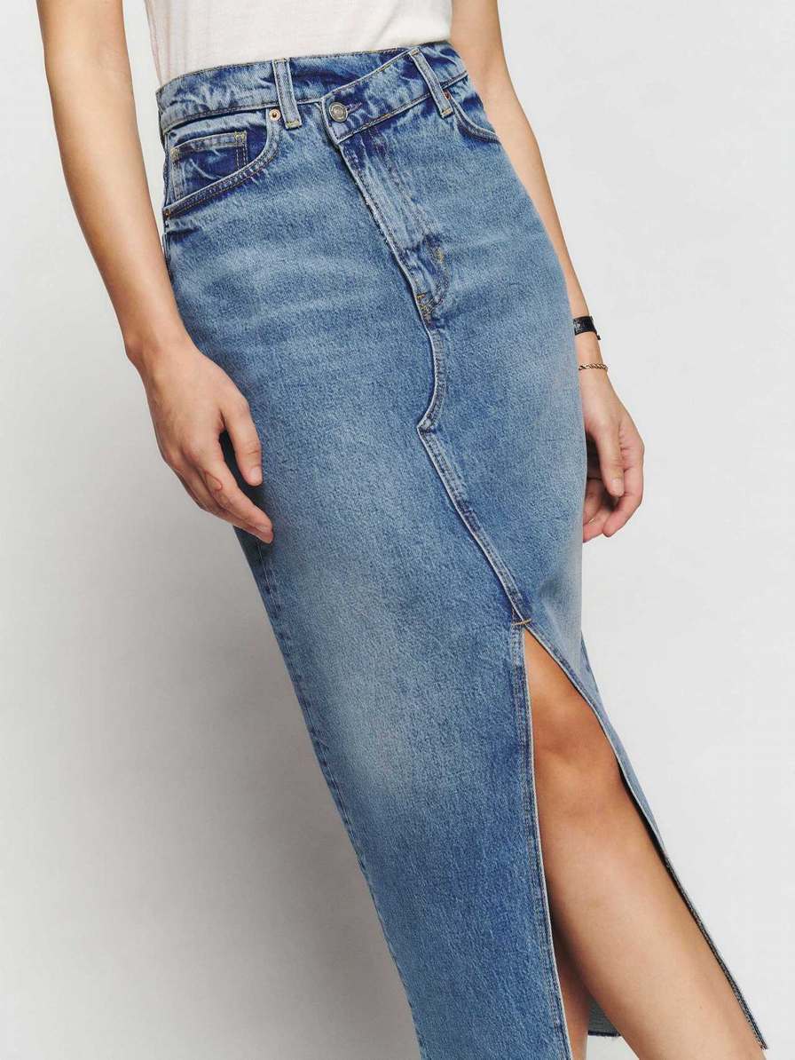 Women's Reformation Nila Long Denim Skirts Azure | USA-025741