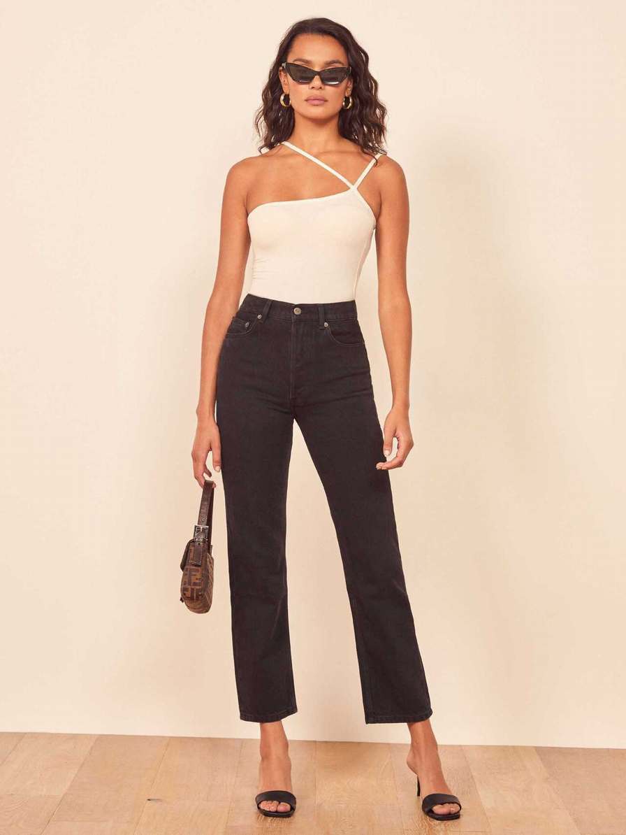 Women's Reformation Petites Cynthia High Rise Straight Jeans Black | USA-230784