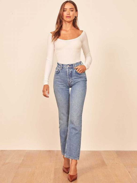 Women's Reformation Petites Cynthia High Rise Straight Jeans Blue | USA-574683