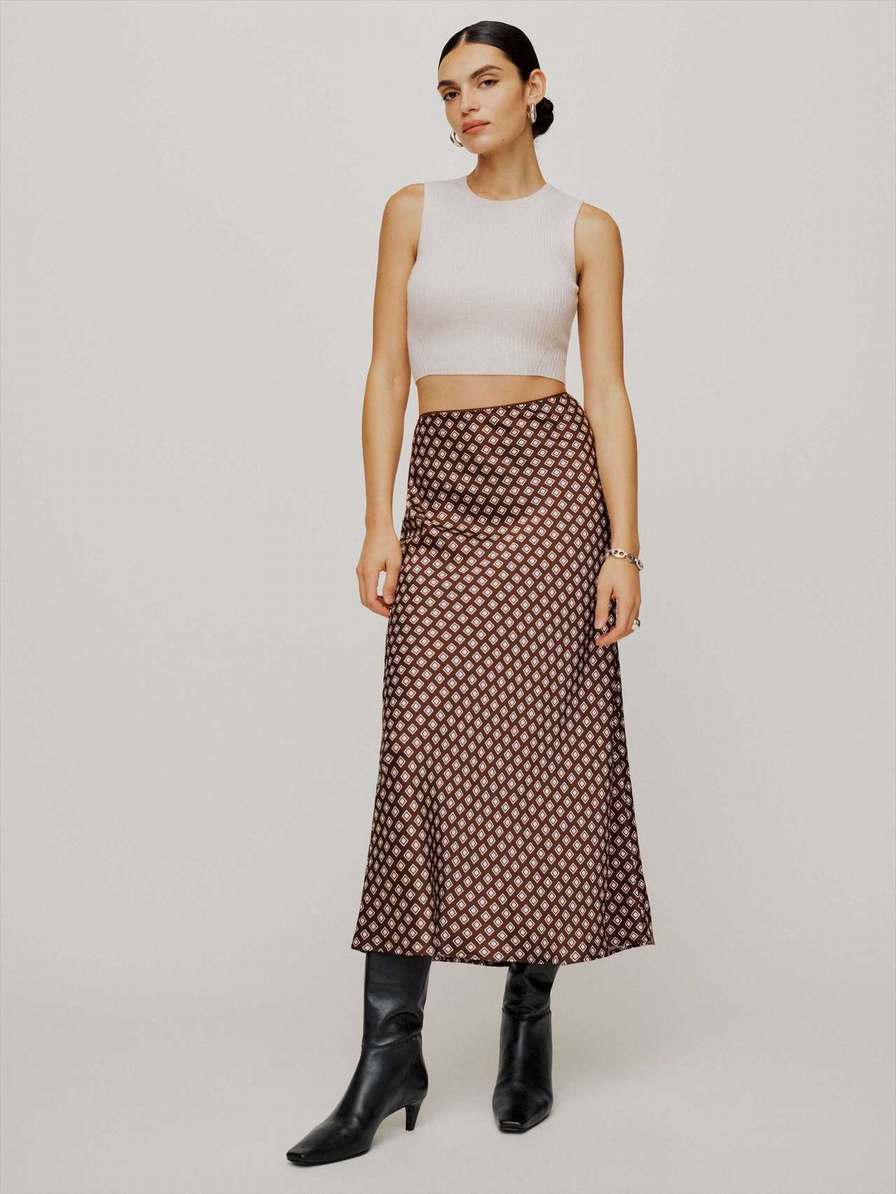 Women's Reformation Petites Layla Silk Skirts Coffee | USA-847132