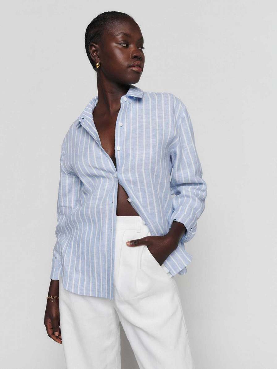 Women's Reformation Preston Linen Tops Stripes | USA-724058