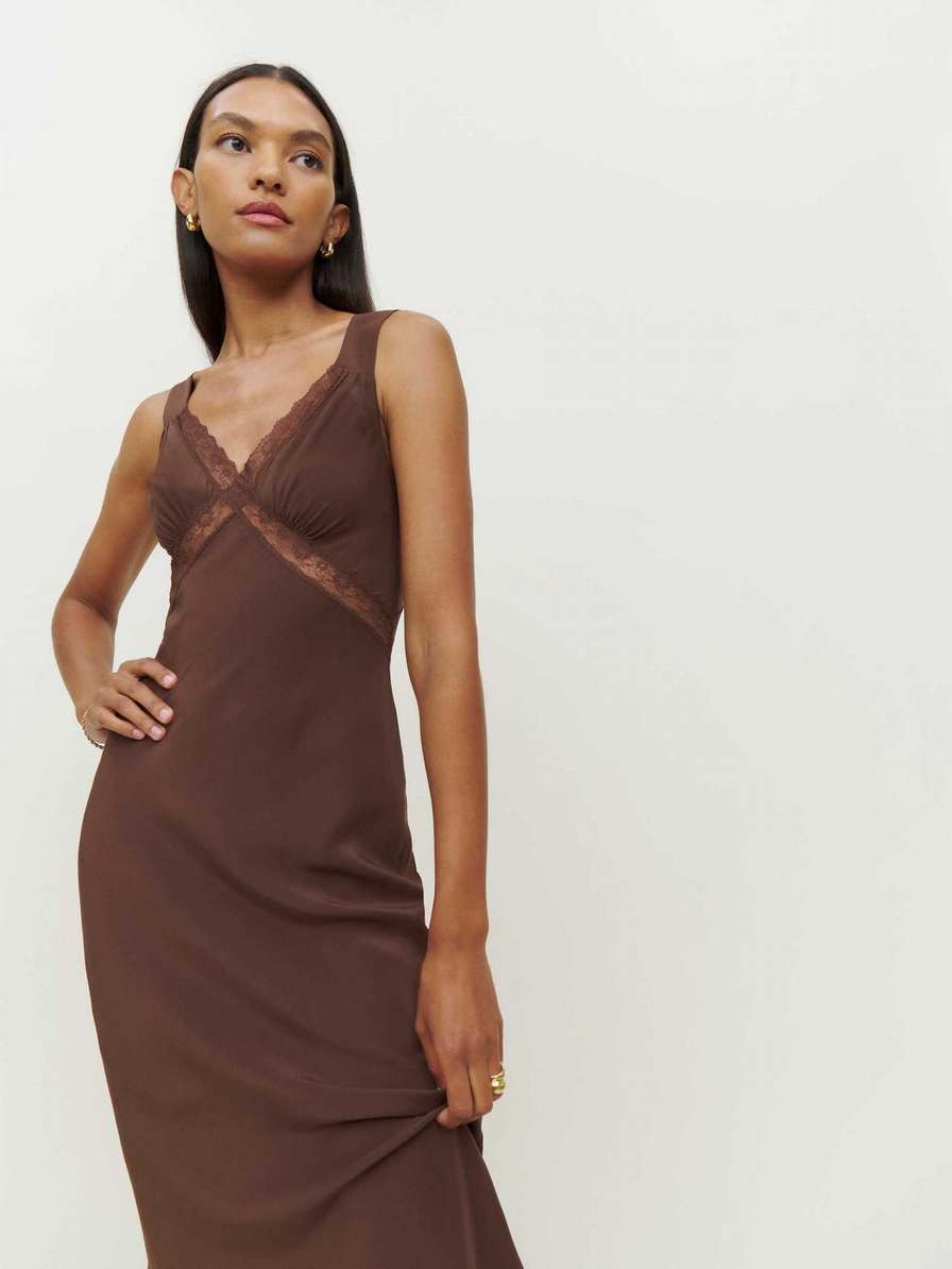 Women's Reformation Provence Silk Dress Coffee | USA-153082