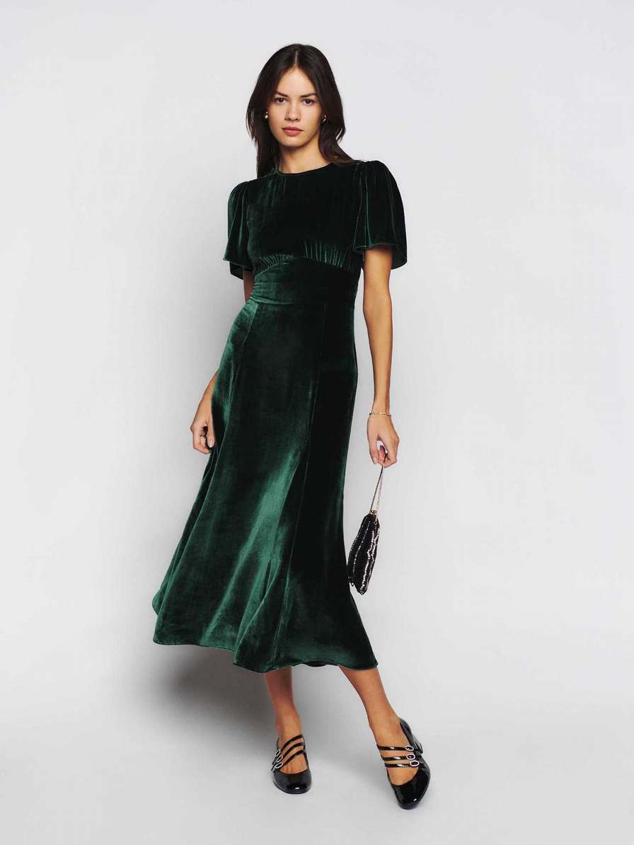 Women's Reformation Quinne Velvet Dress Black Green | USA-276308