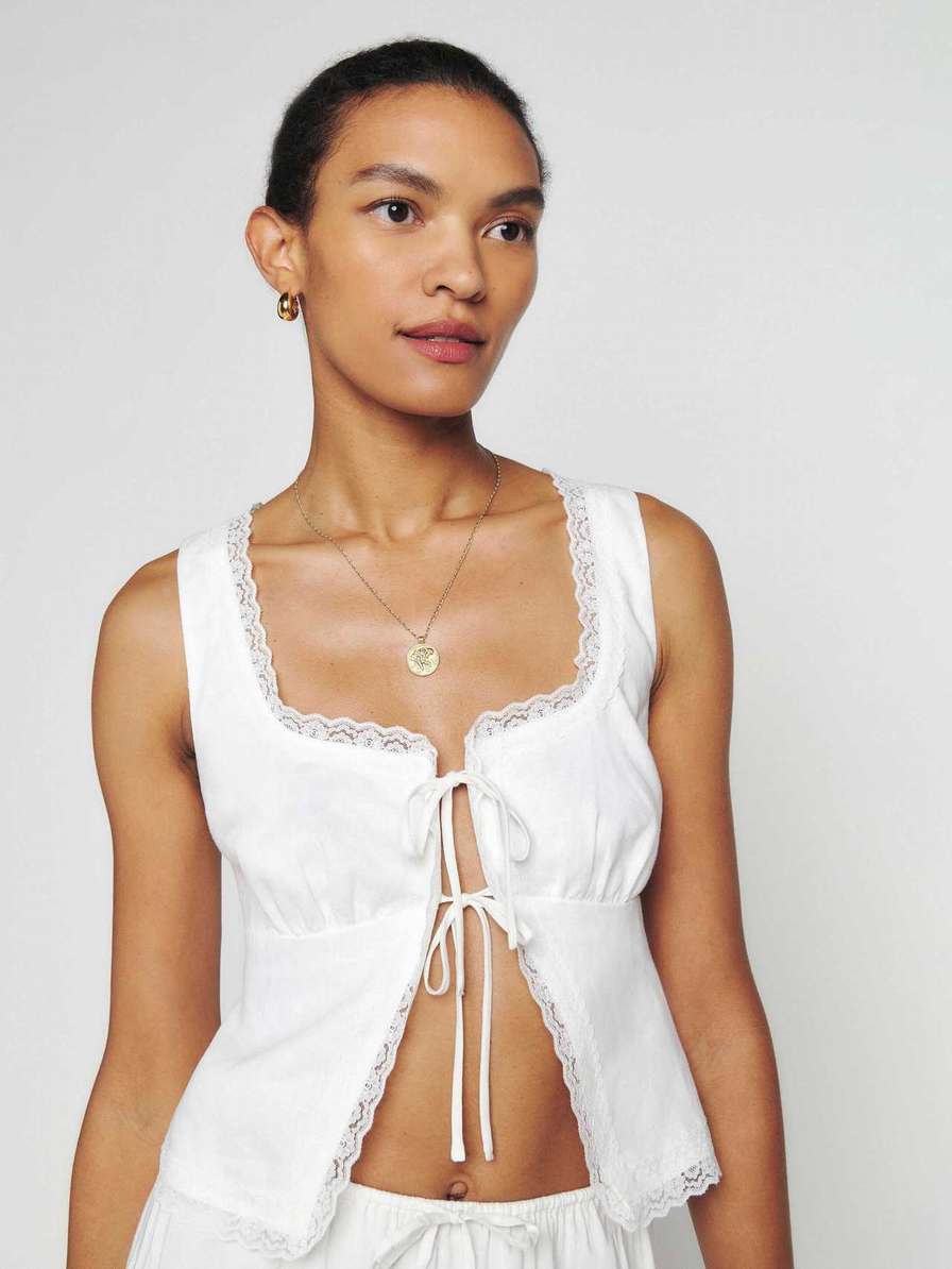 Women's Reformation Rosalie Linen Tops White | USA-243801