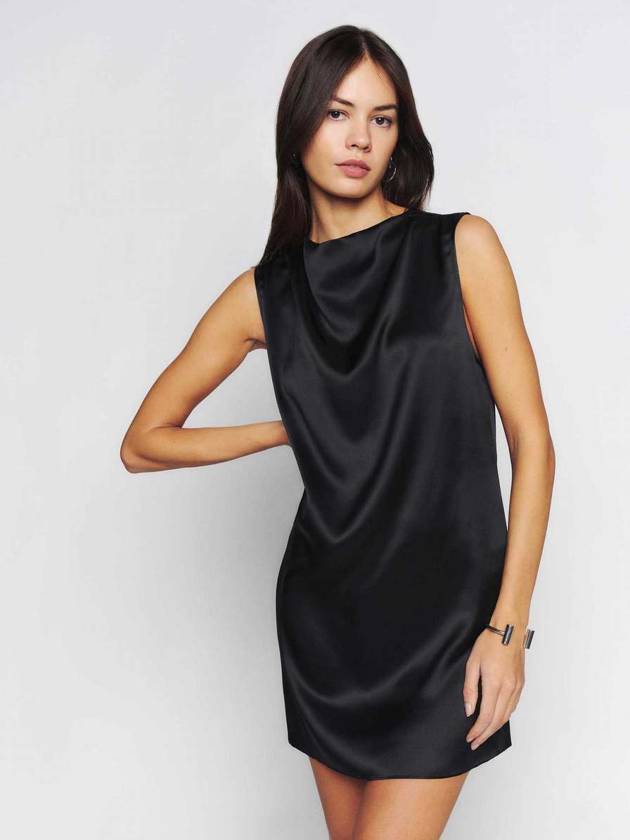 Women's Reformation Serina Silk Dress Black | USA-584120