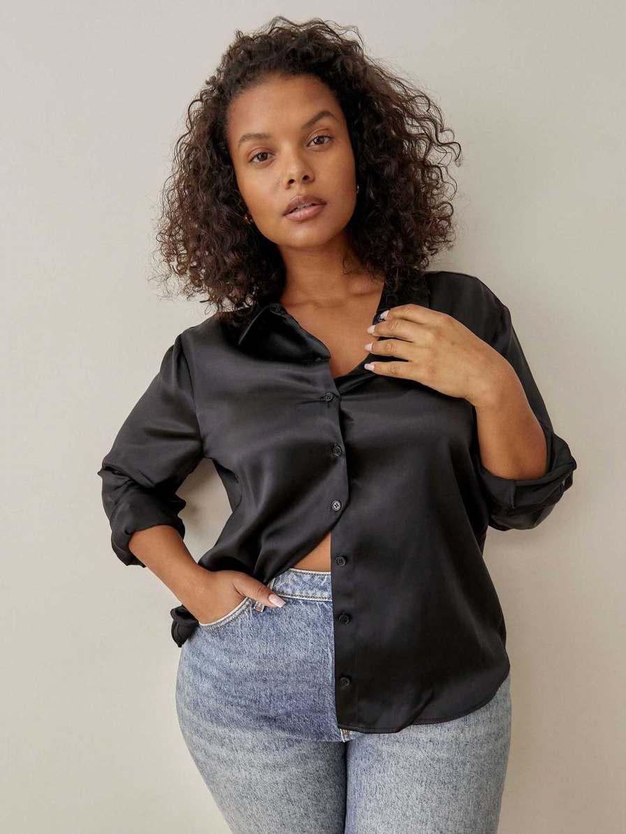 Women's Reformation Sky Relaxed Silk Tops Black | USA-407218