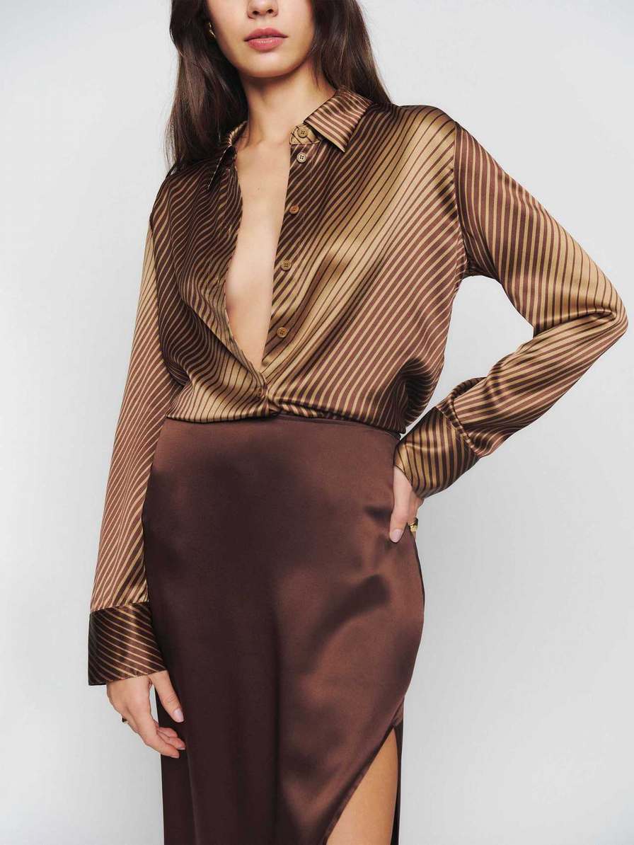 Women's Reformation Sky Relaxed Silk Tops Brown | USA-4126705