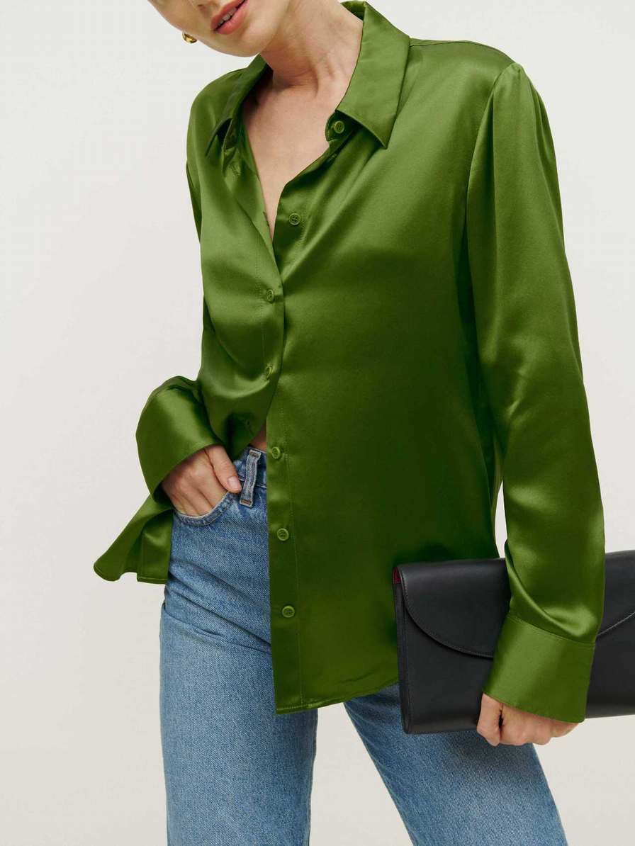 Women's Reformation Sky Relaxed Silk Tops Green | USA-840563