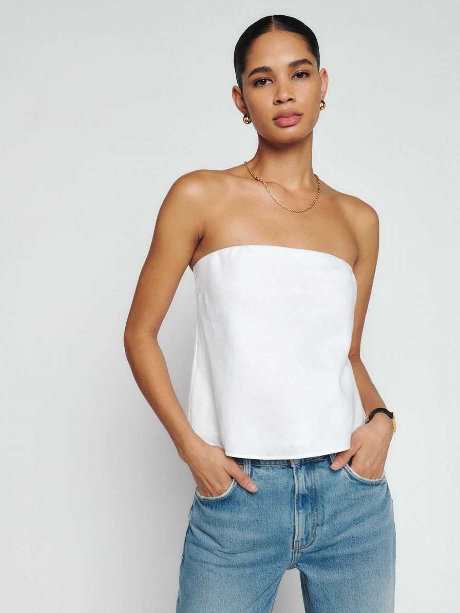 Women's Reformation Spritz Linen Tops White | USA-2815461