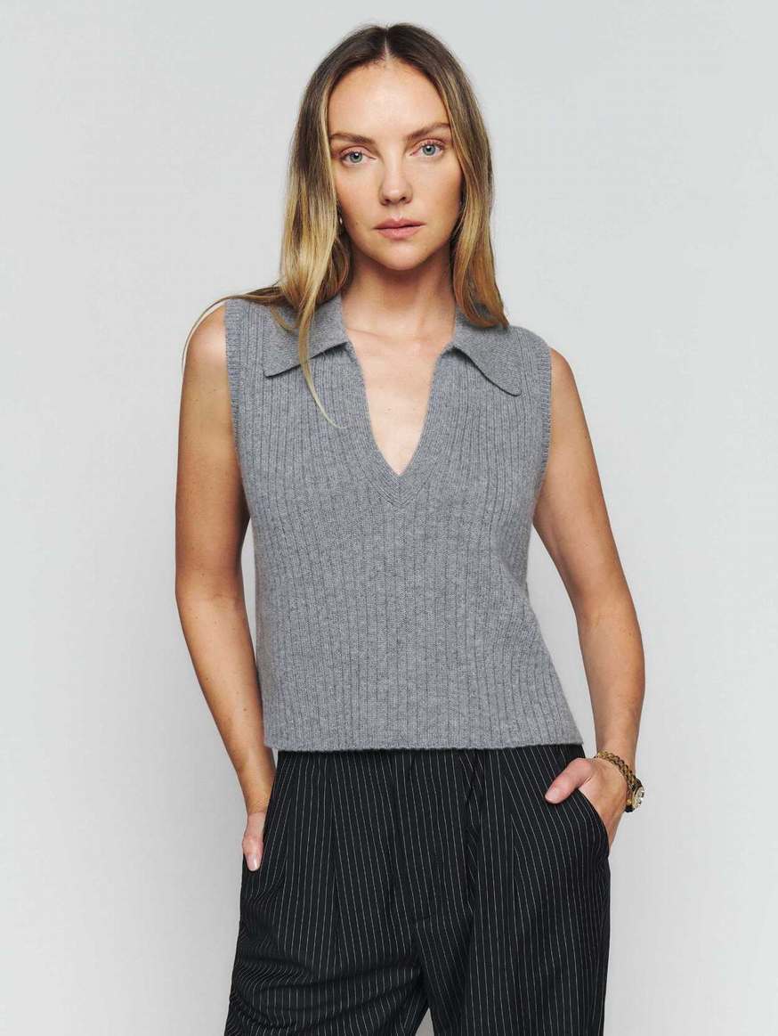 Women's Reformation Sydney Cashmere Collared Sweater Dark Grey | USA-8517026