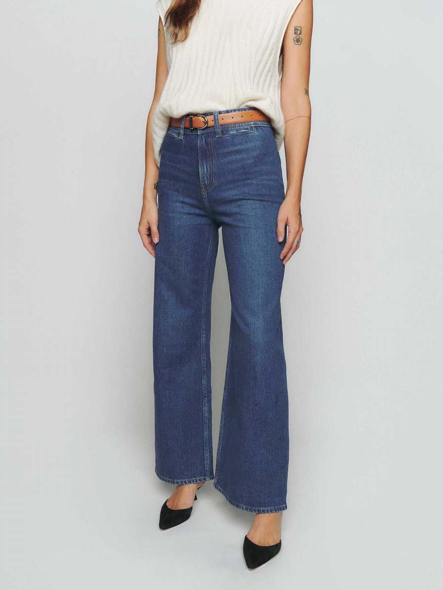 Women's Reformation Thea High Rise Wide Leg Jeans Blue | USA-635471