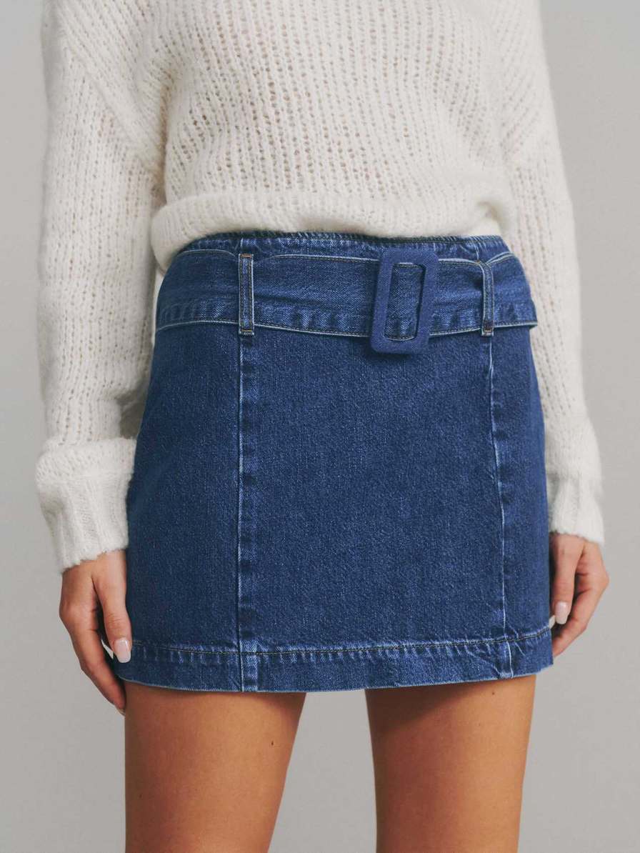 Women's Reformation Tia Belted Mini Skirts Blue | USA-820675