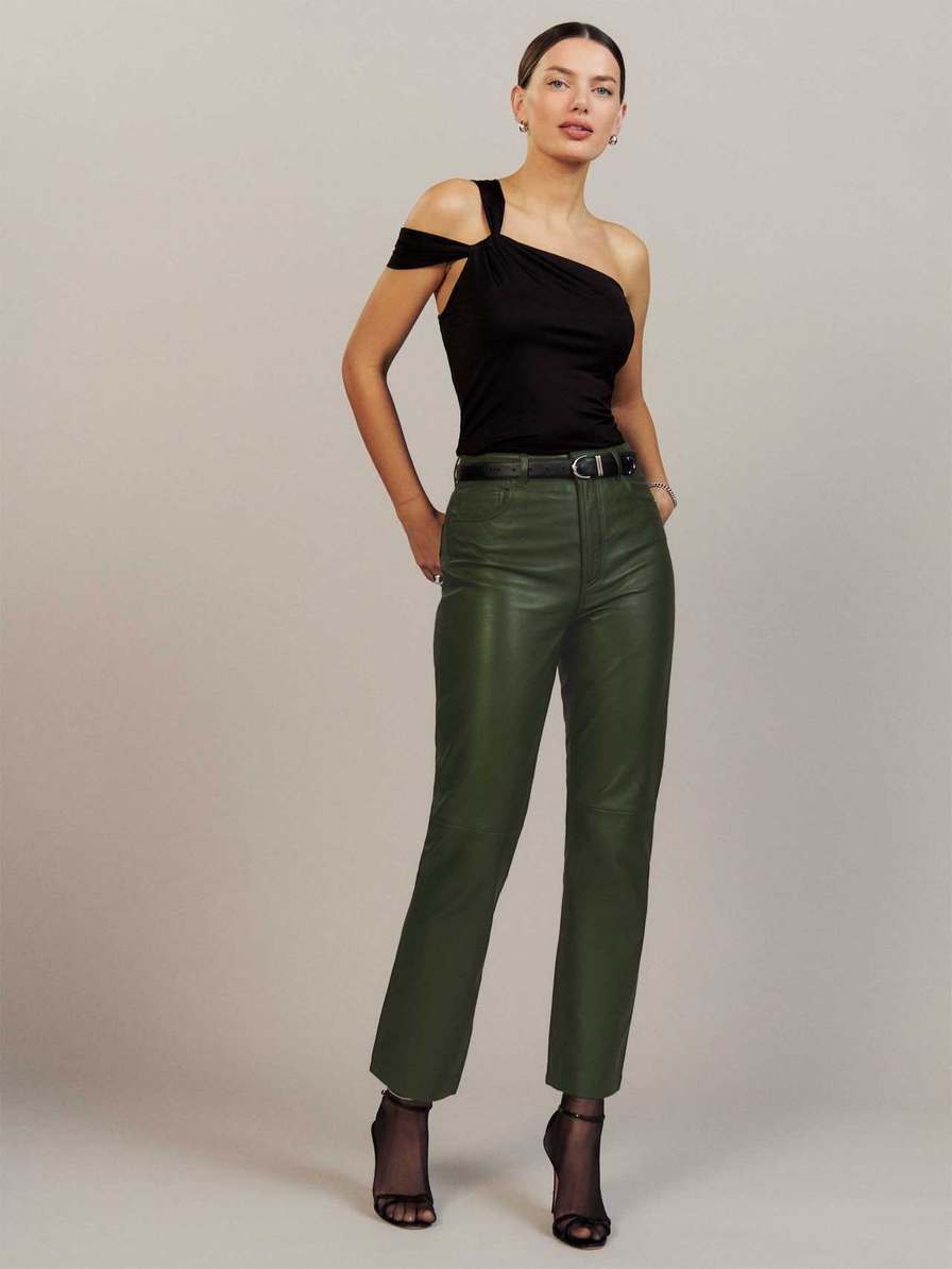 Women's Reformation Veda Cynthia Leather Pants Olive | USA-071368