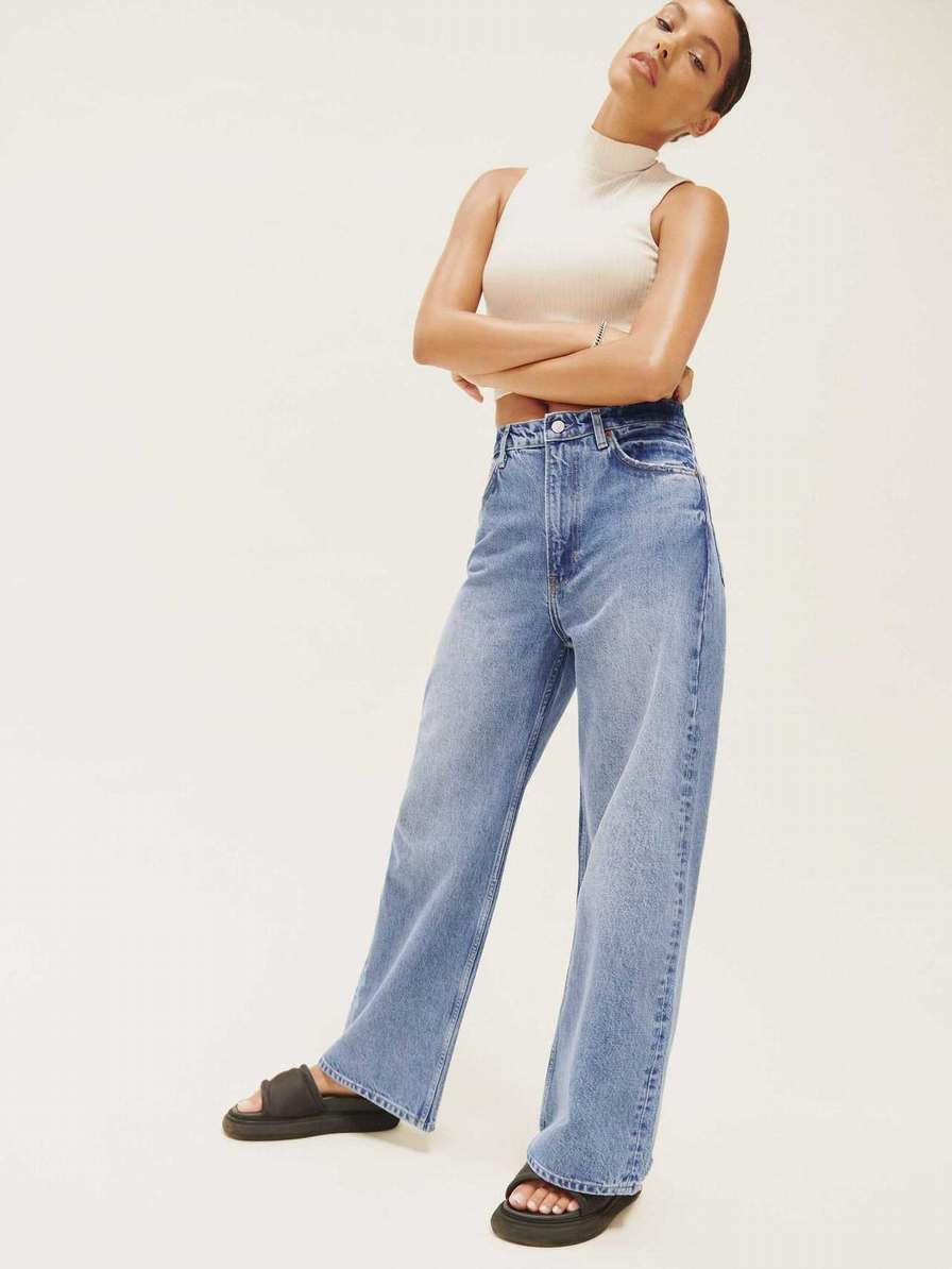 Women's Reformation Wilder High Rise Wide Leg Cropped Jeans Azure | USA-471026