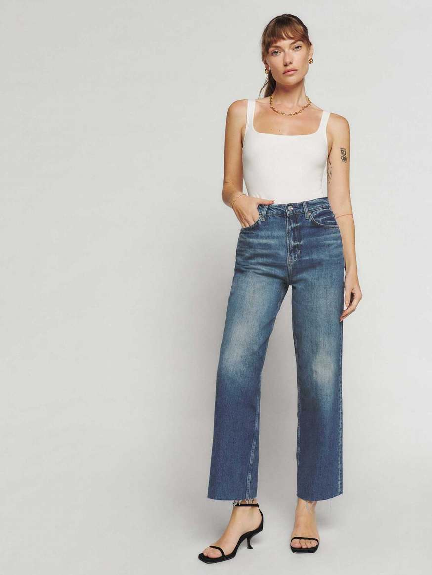 Women's Reformation Wilder High Rise Wide Leg Cropped Jeans Blue | USA-632087