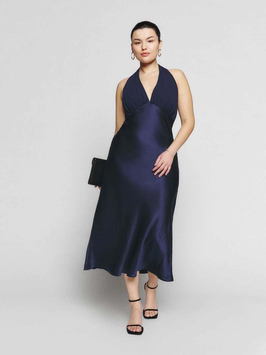 Women's Reformation Wyn Silk Dress Navy | USA-2476853