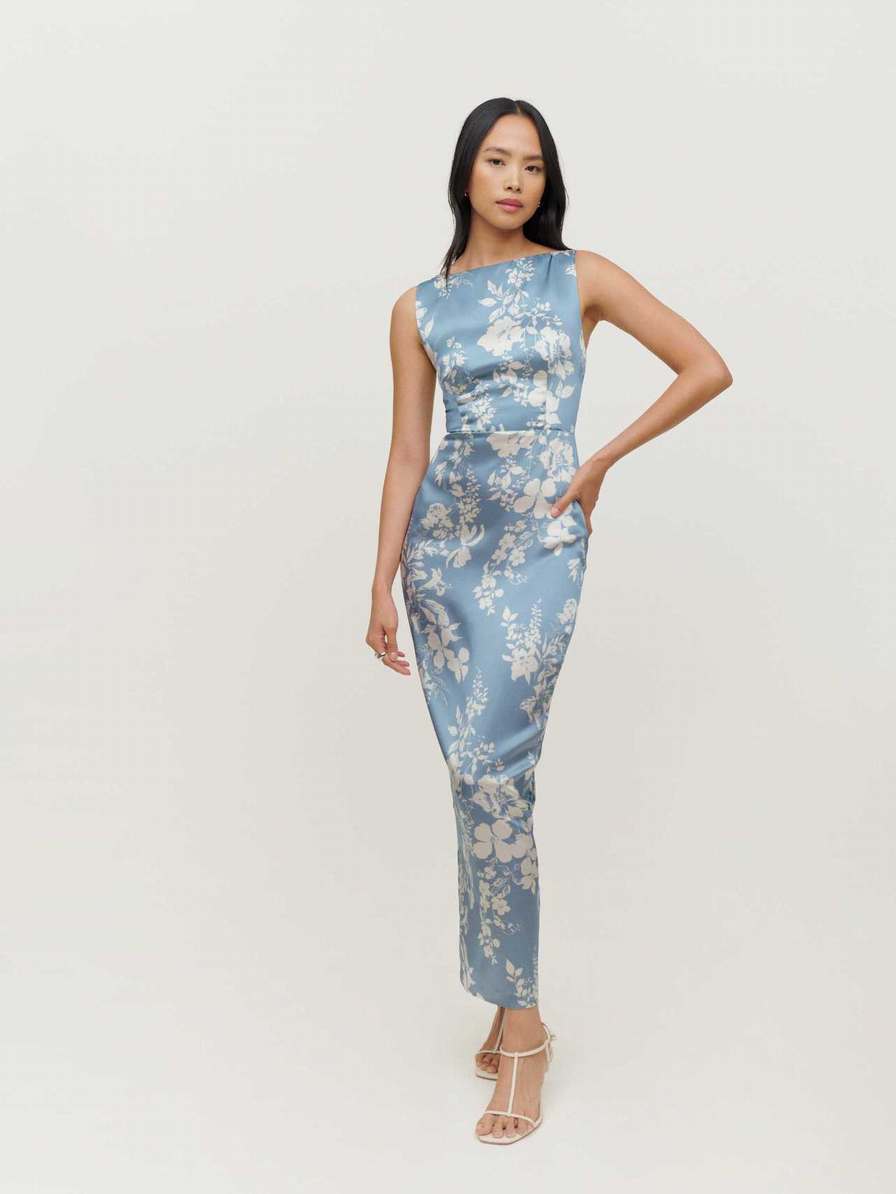 Women's Reformation Zya Silk Dress Light Blue | USA-4130658